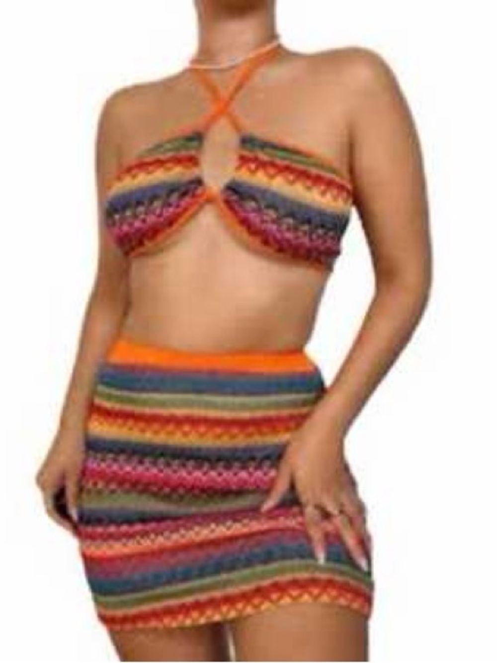 SHEIN Multicolor Striped Knit Mini Skirt with Orange Waistband